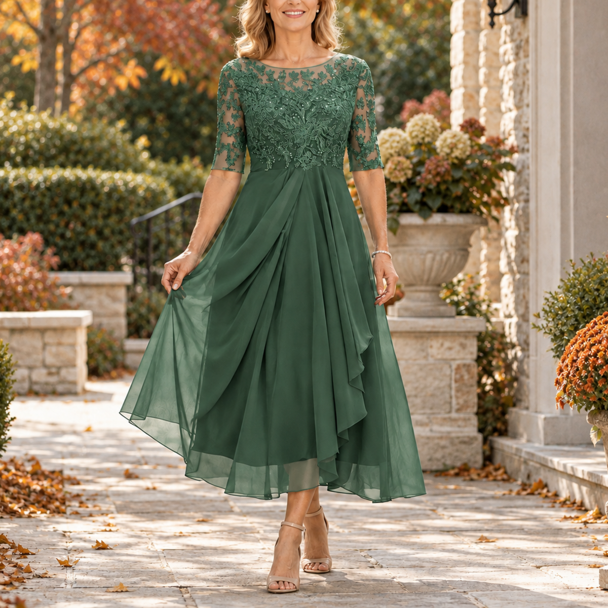 Avi | Lace Bodice Draped Midi Dress
