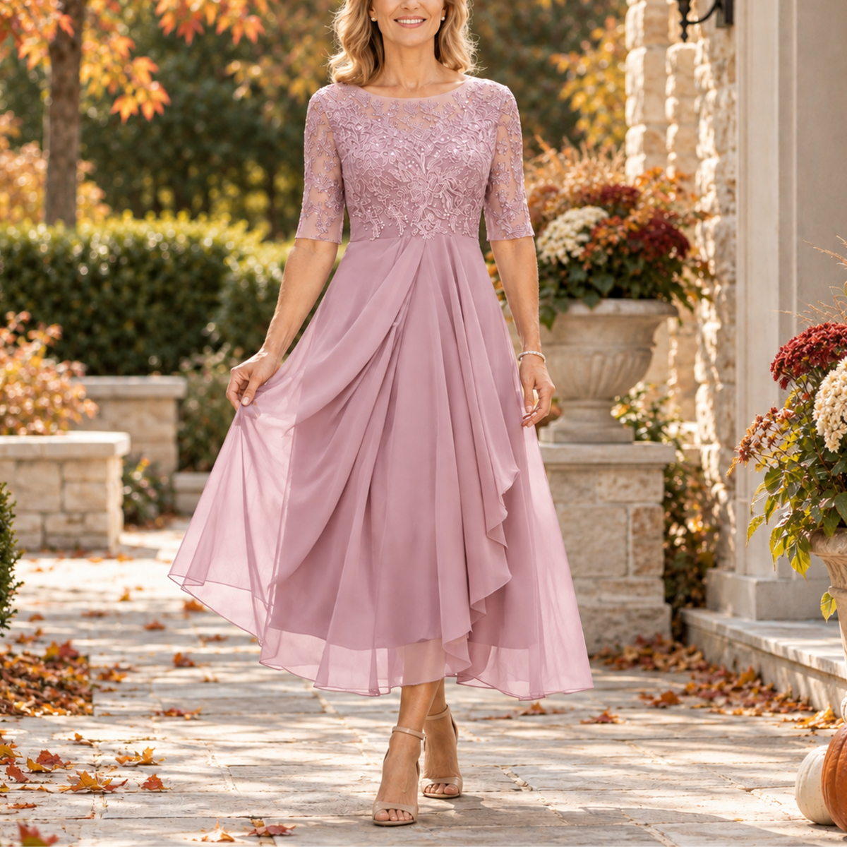Avi | Lace Bodice Draped Midi Dress