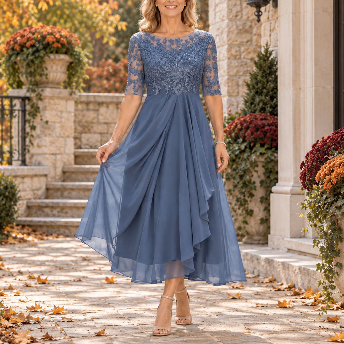 Avi | Lace Bodice Draped Midi Dress