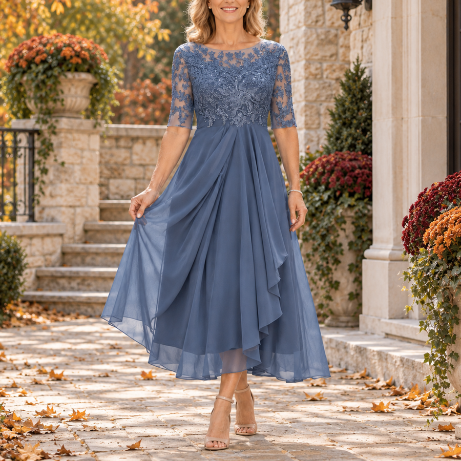 Avi | Lace Bodice Draped Midi Dress