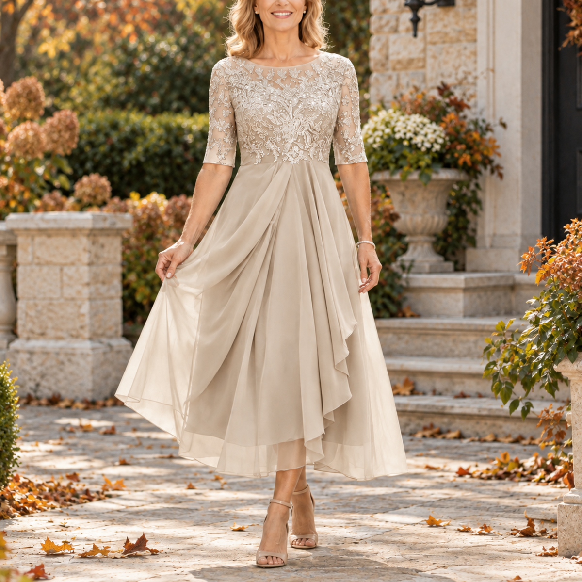 Avi | Lace Bodice Draped Midi Dress