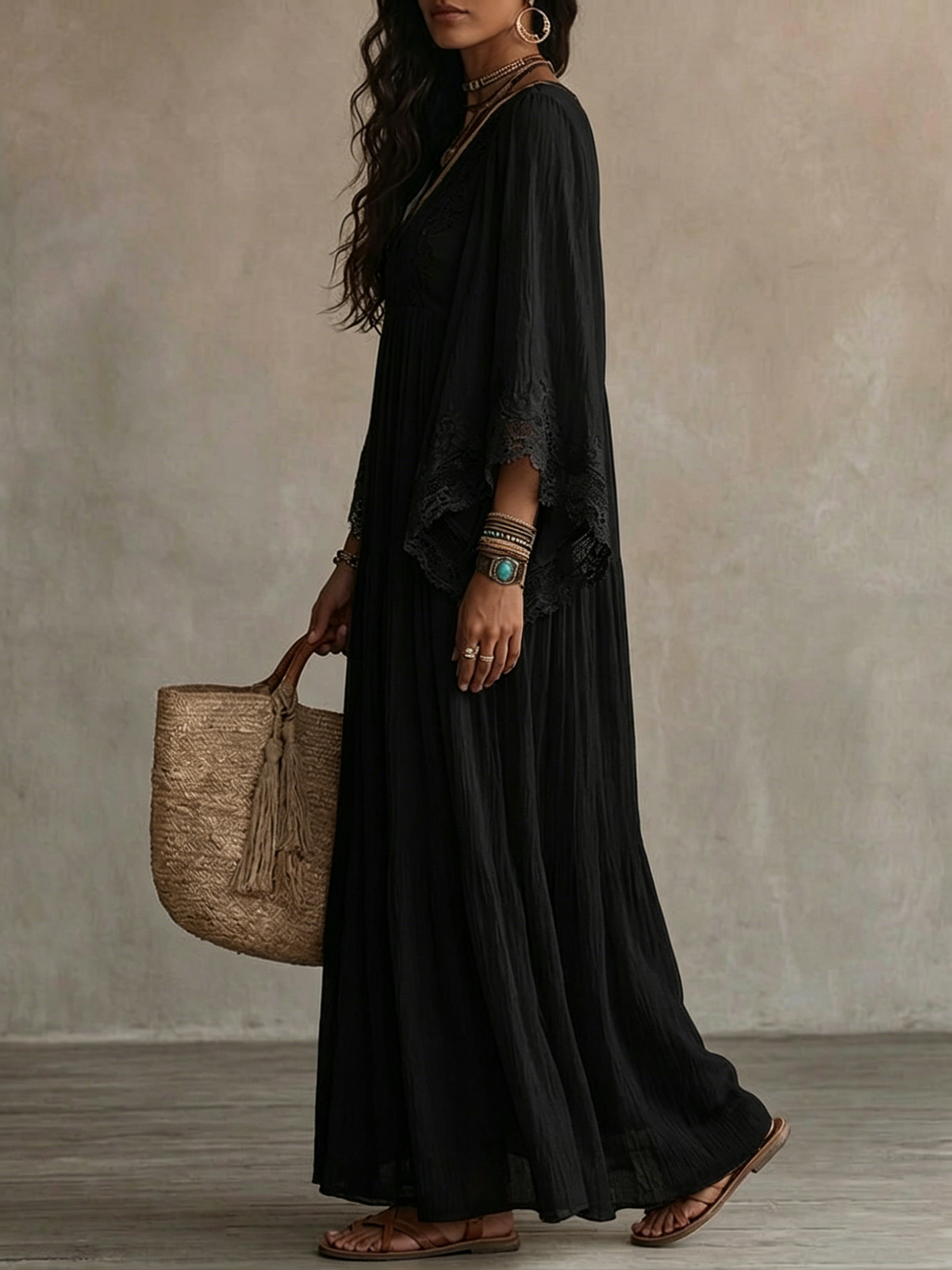 Black Lace V-neck Batwing Sleeve Maxi Dress