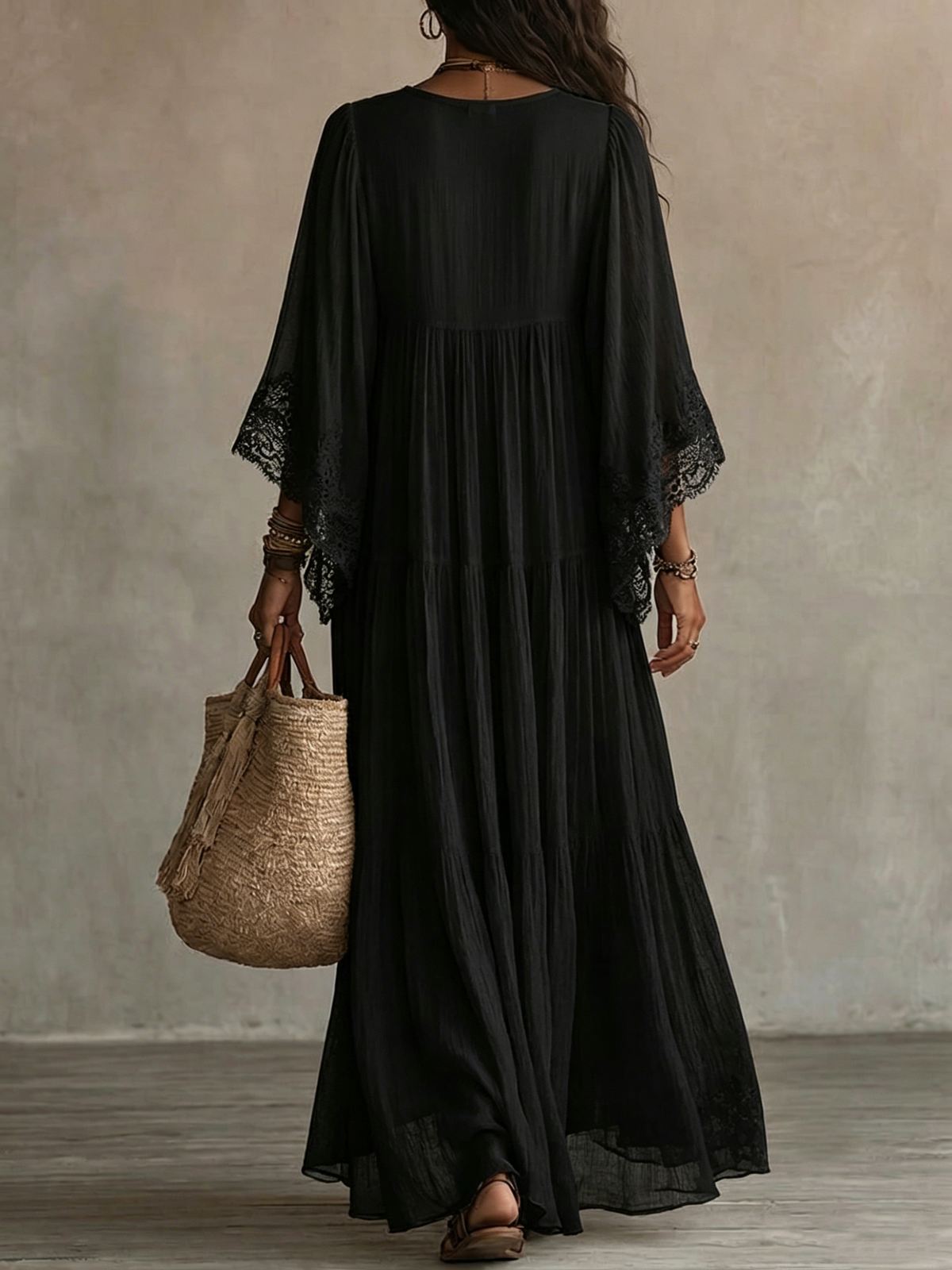 Black Lace V-neck Batwing Sleeve Maxi Dress