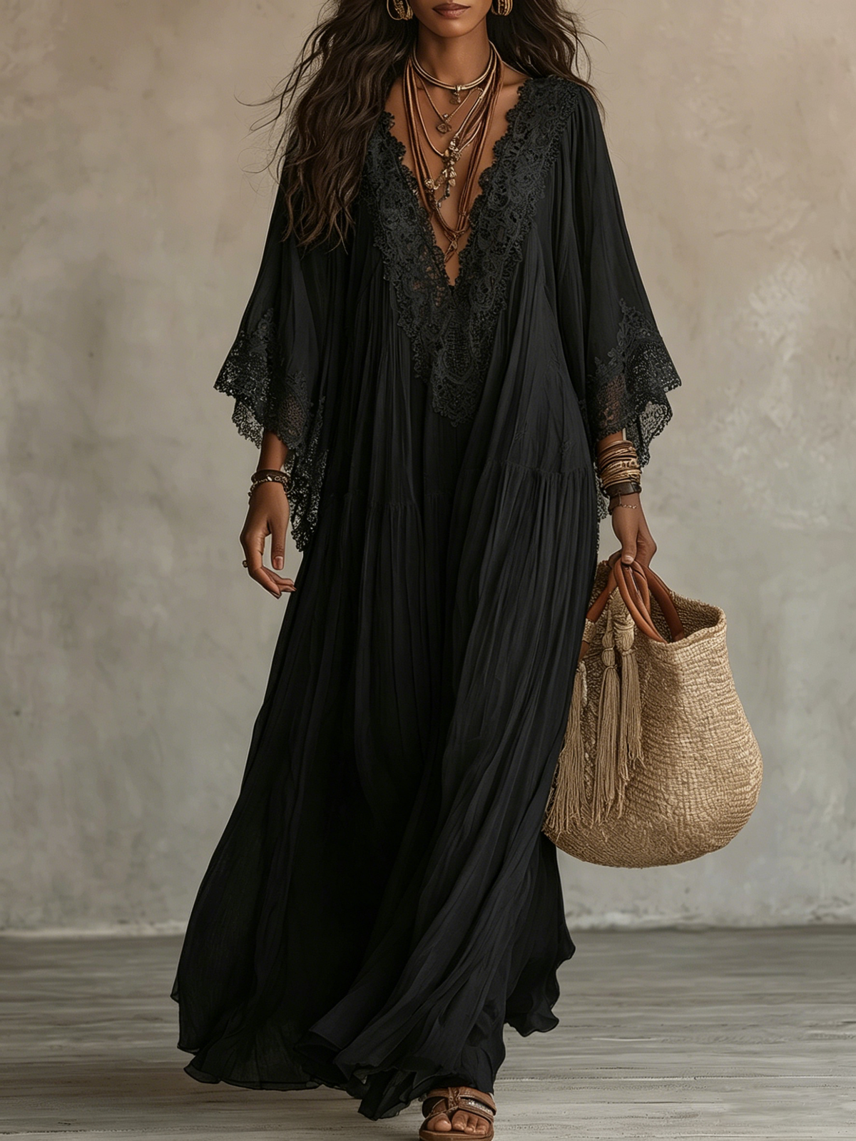 Black Lace V-neck Batwing Sleeve Maxi Dress